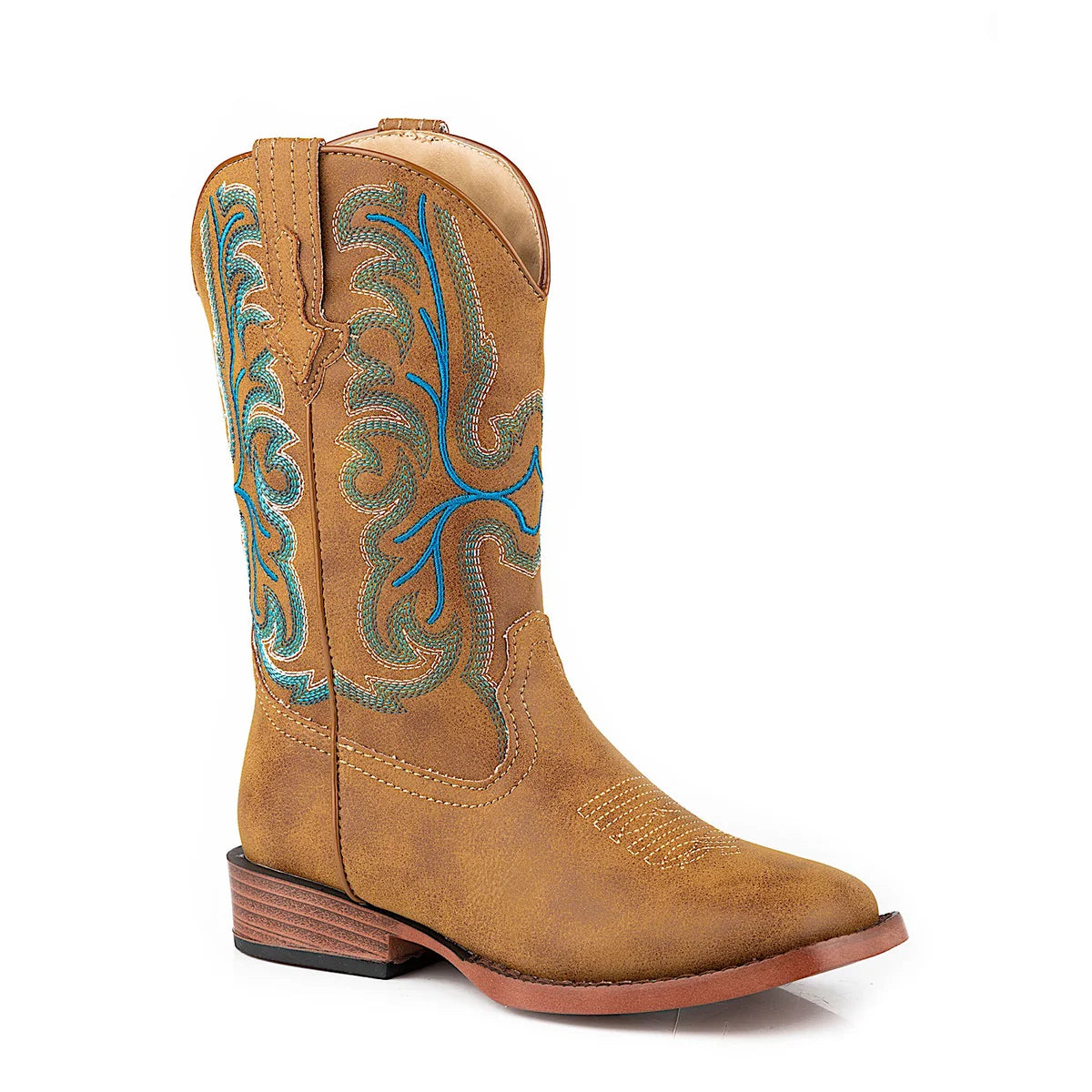 Roper Patrick Big Kids Western Boot. Tan cowboy boot with blue embroidery on a white background