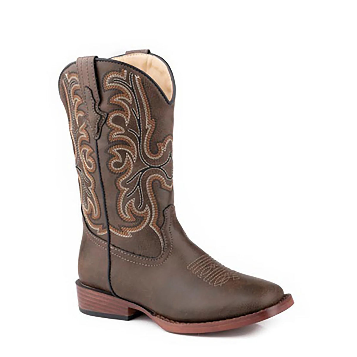 Roper Patrick Big Kids Western Boot. Brown cowboy boot with intricate stitching on a white background