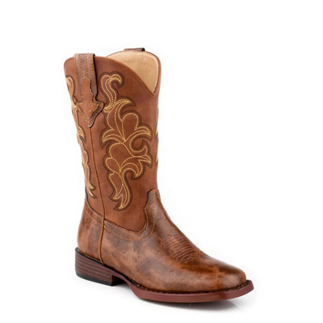 Roper Quills Big Kids Western Boot. A kid's Western boot in brown faux leather with a floral pattern on the vamp and classic western stitching.