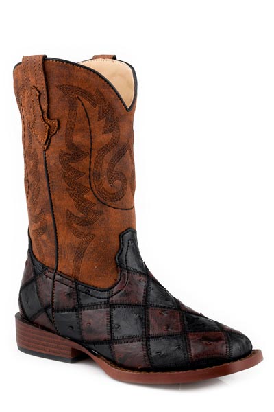 Roper Bird Blocks Big Kids Western Boot. Brown and black cowboy boot with checkered pattern on a white background