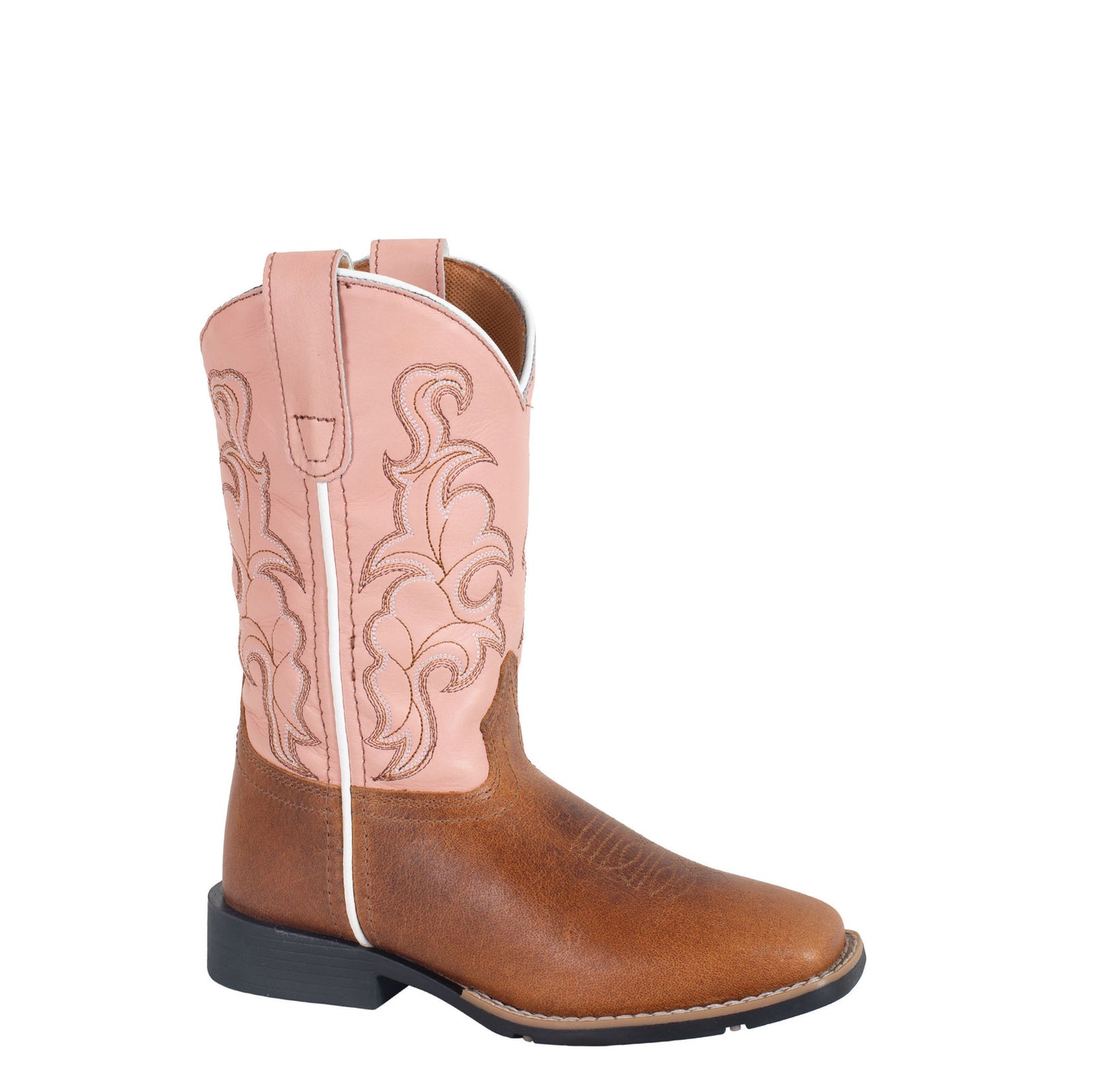 Brown cowboy boot with pink uppers on a light gray background