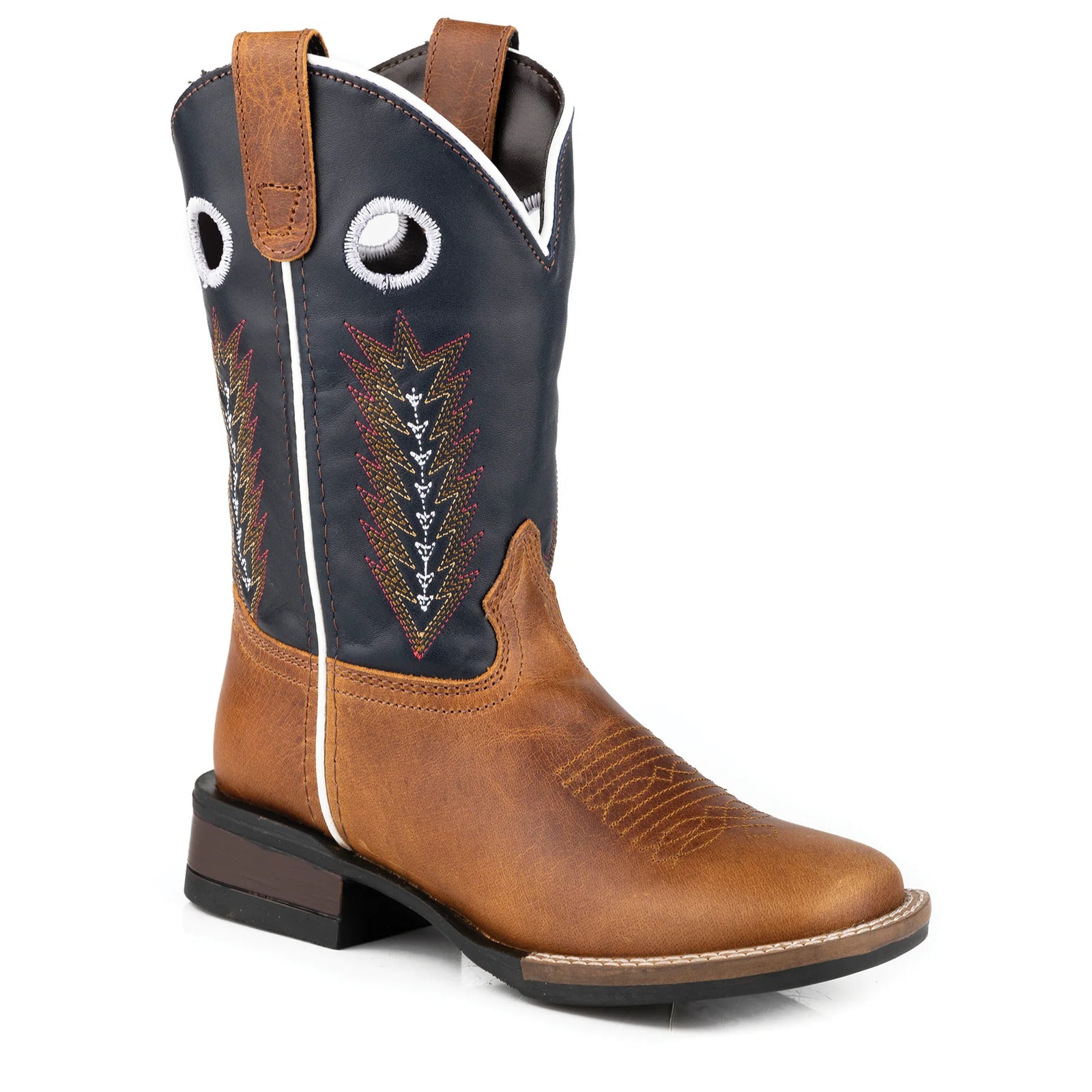 Roper James Big Kids Western Boot. Brown cowboy boot with black uppers and white stitching on a white background