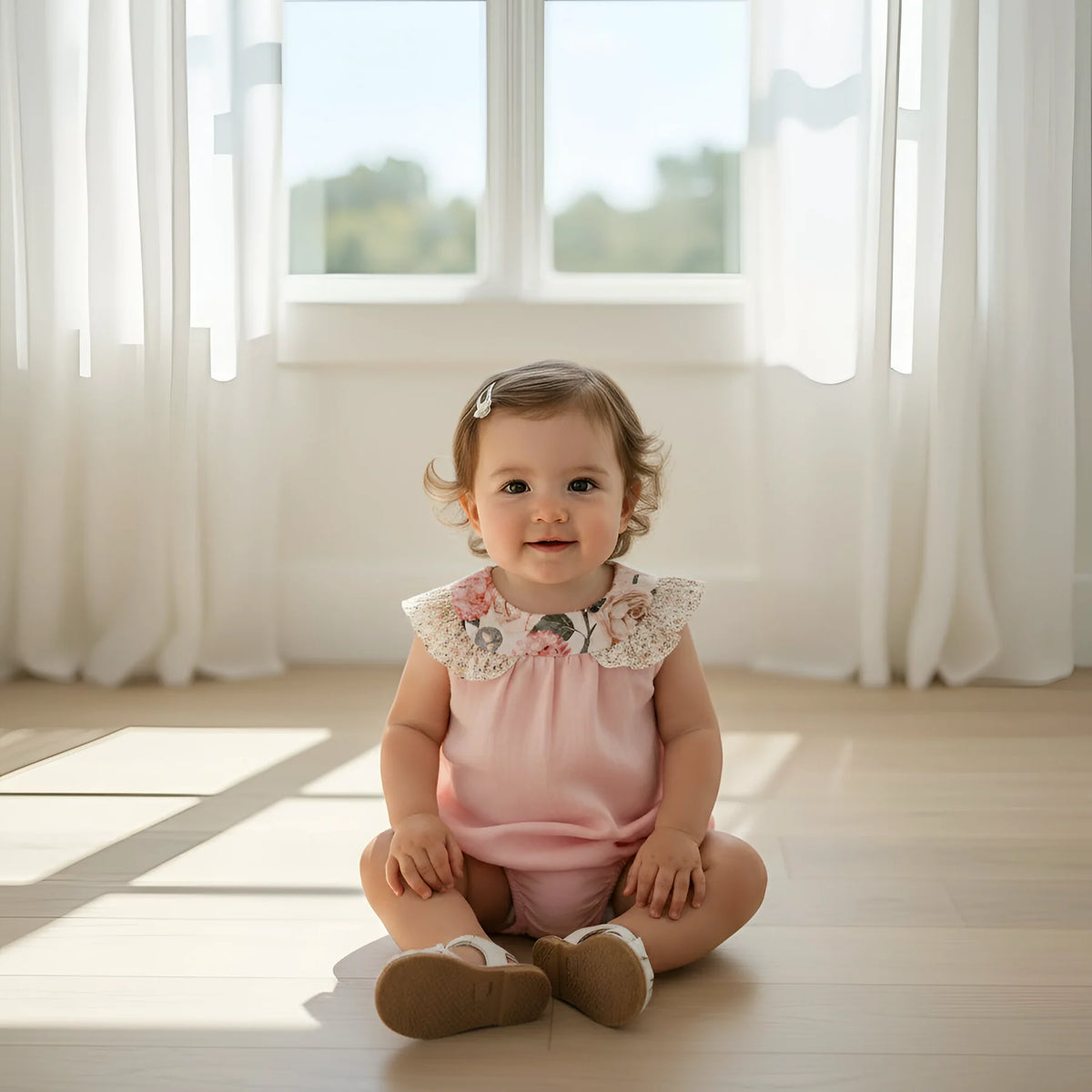 Baby in a pink dress sitting on a wooden floor with white curtains in the background