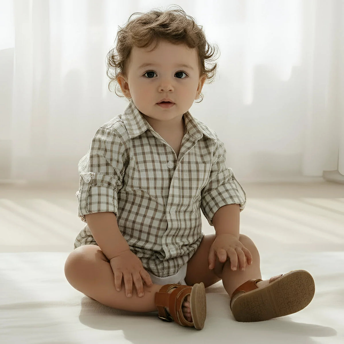 A baby sitting on a light floor wearing a beige and brown plaid short-sleeve romper, white diaper cover, and brown leather sandals.