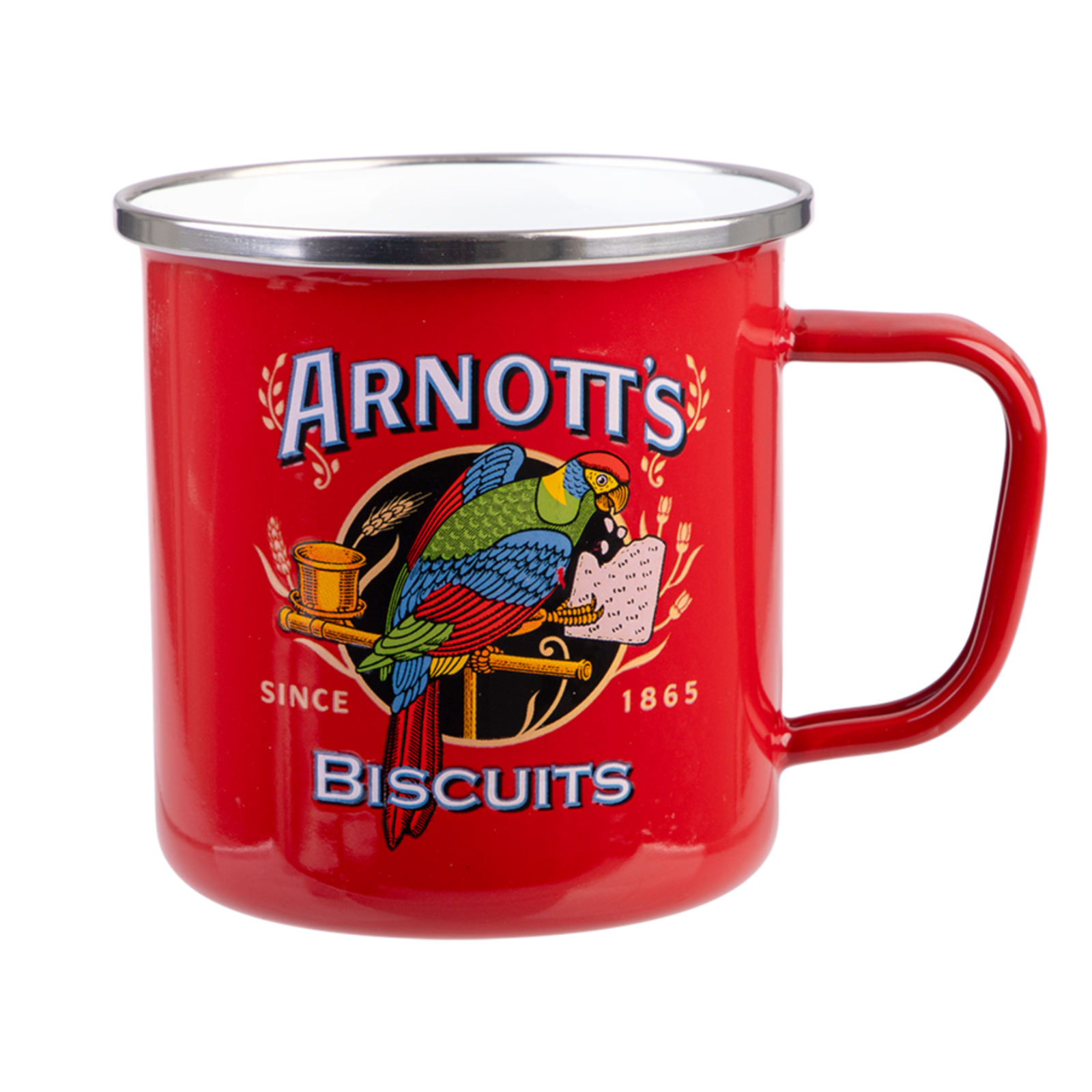 A red enamel-style mug with a silver rim and handle, featuring the 'Arnott's Biscuits' logo and a colorful parrot illustration on a white background.