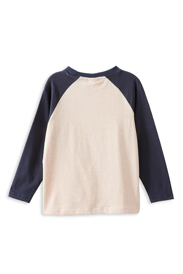 Navy and beige long-sleeve shirt on a white background