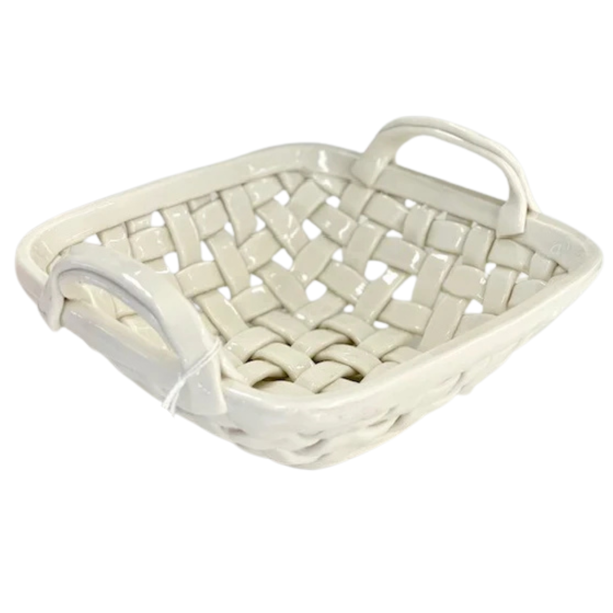 An off-white ceramic basket with a woven lattice pattern and two integrated handles, shown on a plain white background.