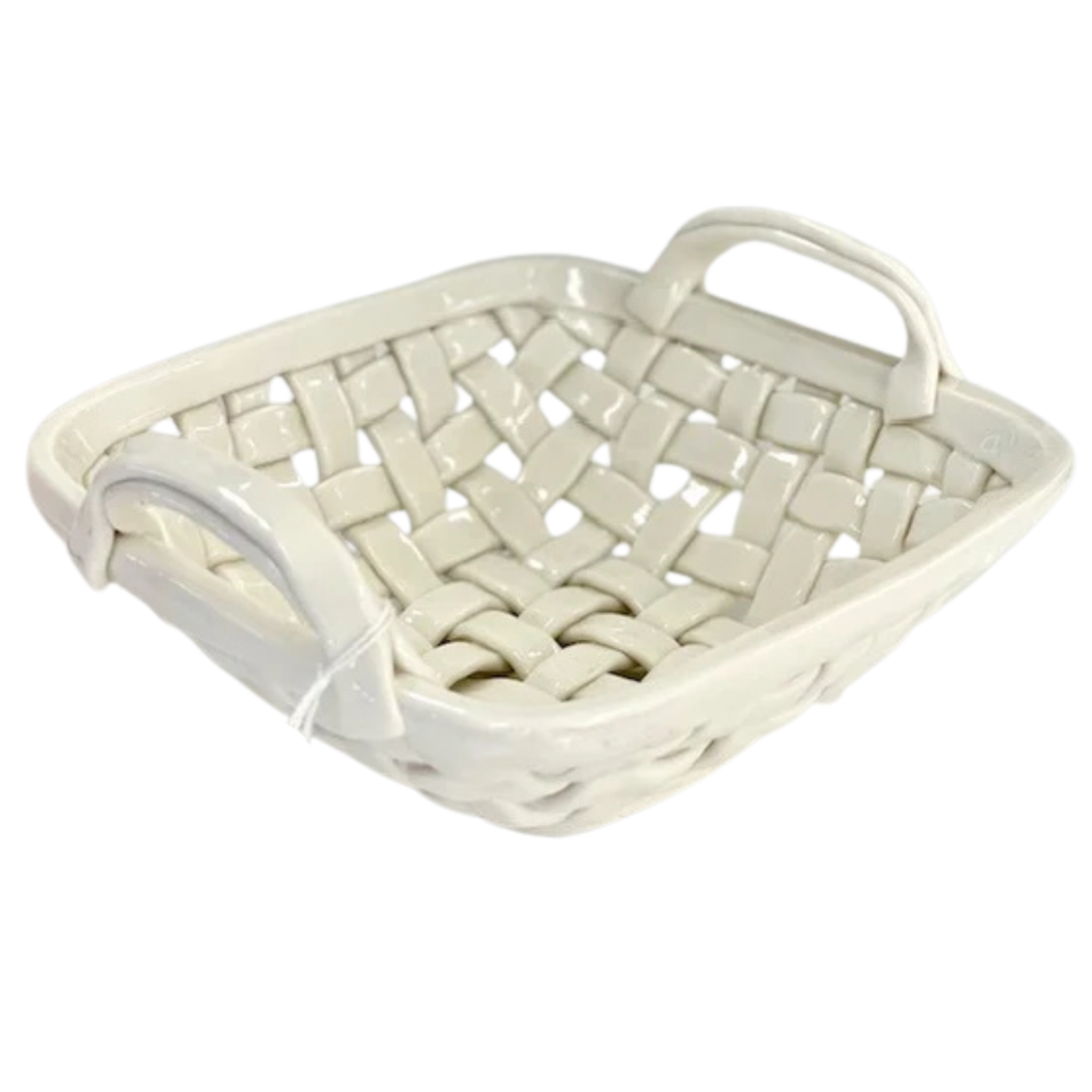 An off-white ceramic basket with a woven lattice pattern and two integrated handles, shown on a plain white background.