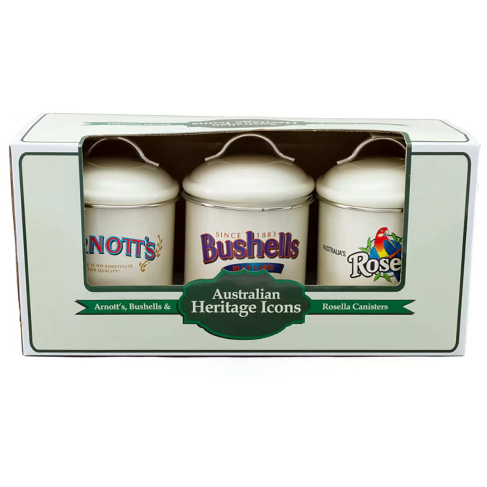 A boxed set of three cream-colored ceramic Australian Heritage Icons canisters, displayed in a white and green presentation box with visible brand names including Arnott's, Bushells, and Rose.