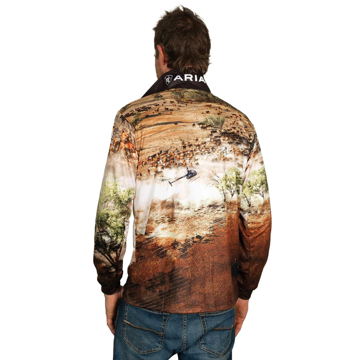 Ariat Unisec Helimustering Fishing Shirt. Two people wearing camouflage shirts with hunting graphics on a white background