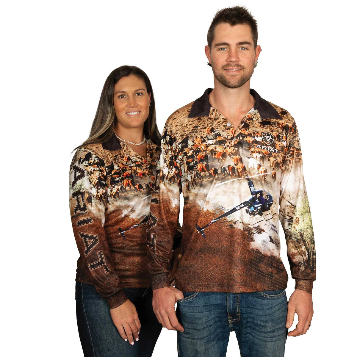 Ariat Unisec Helimustering Fishing Shirt. Two people wearing camouflage shirts with hunting graphics on a white background
