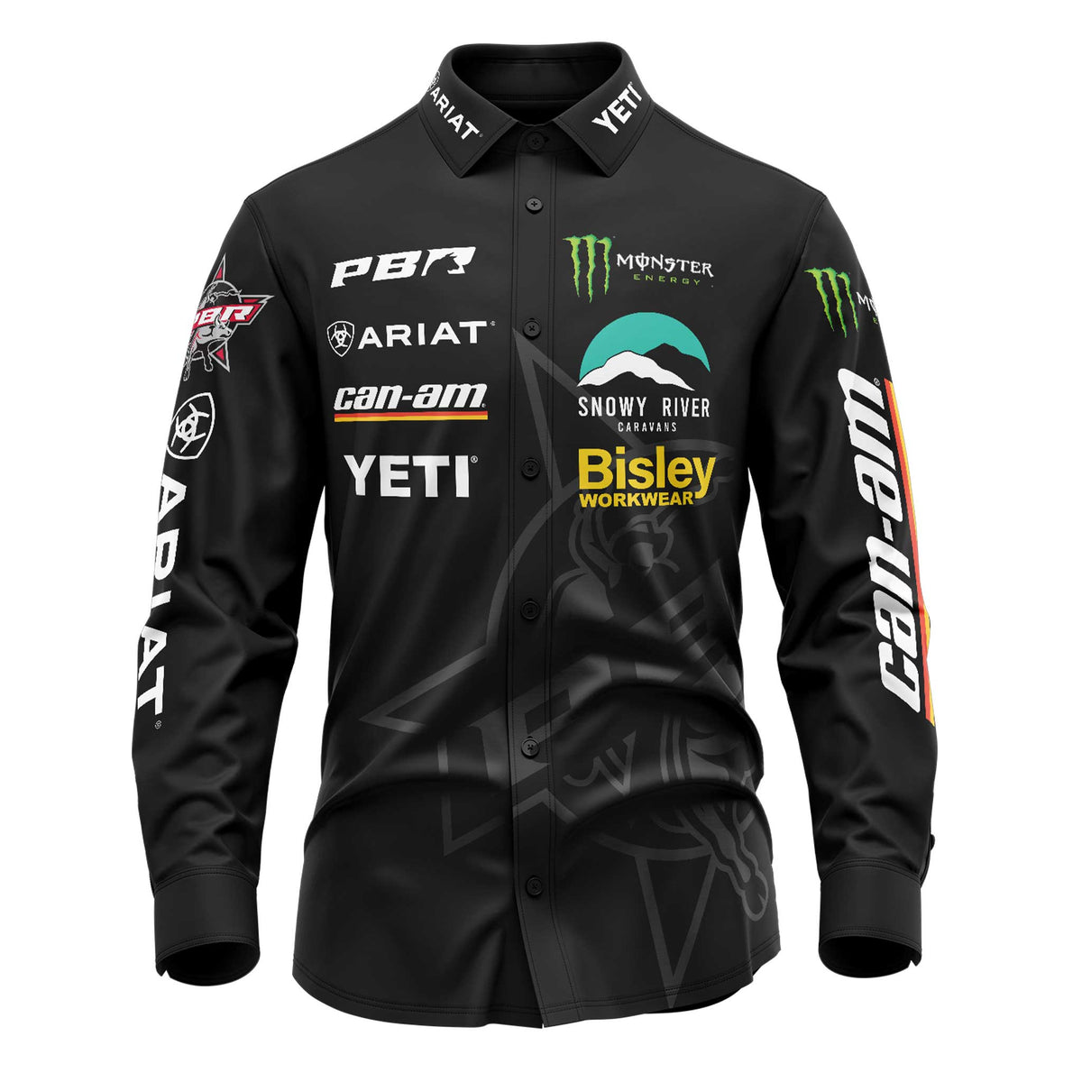 Black shirt with various brand logos on a white background