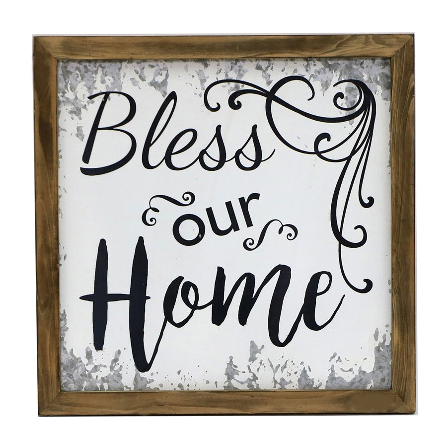 Bless Our Home Timber Framed Wall Art. Decorative sign with 'Bless our Home' text on a white background with black text.