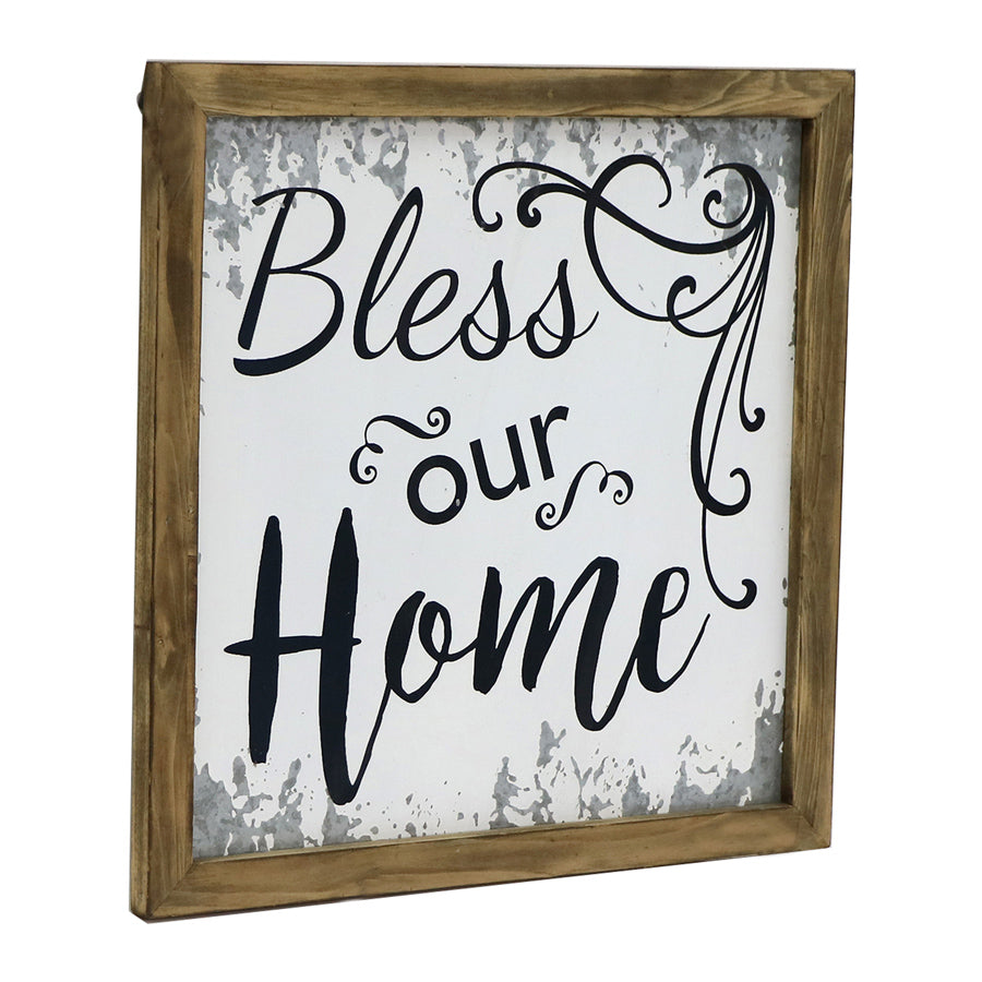 Bless Our Home Timber Framed Wall Art. Decorative sign with 'Bless our Home' text on a white background with black text.