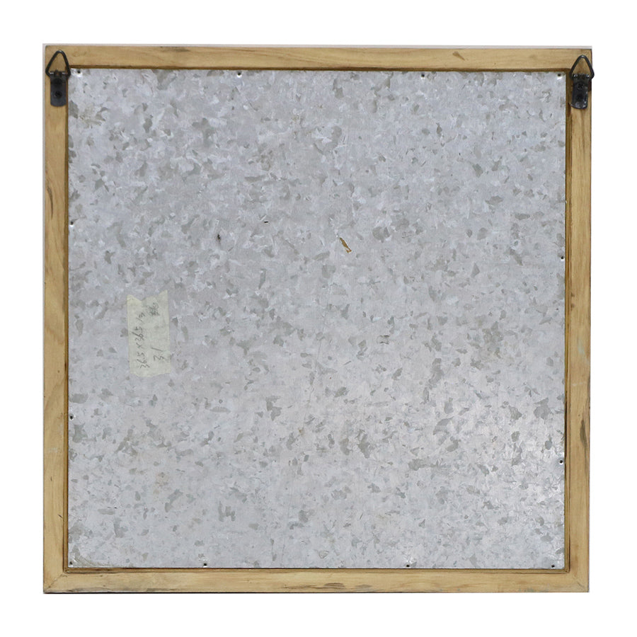 Bless Our Home Timber Framed Wall Art. Back of a painting with a wooden frame and metal corner brackets.