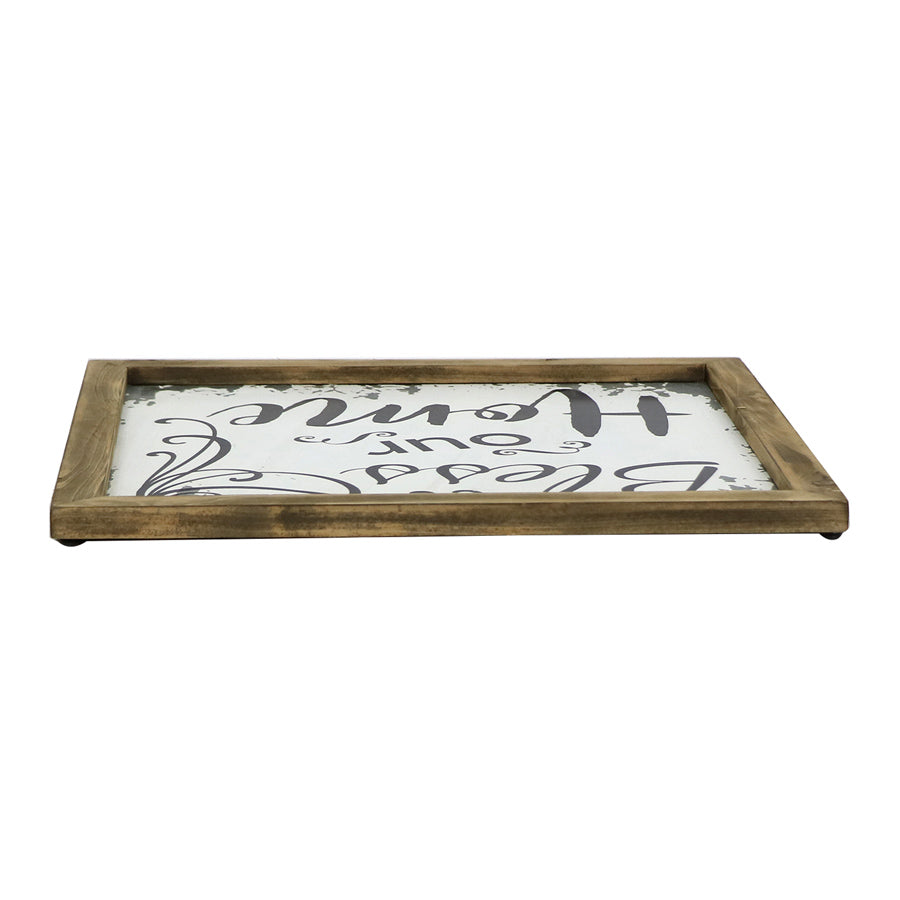 Bless Our Home Timber Framed Wall Art. Wooden tray with decorative text on a white background