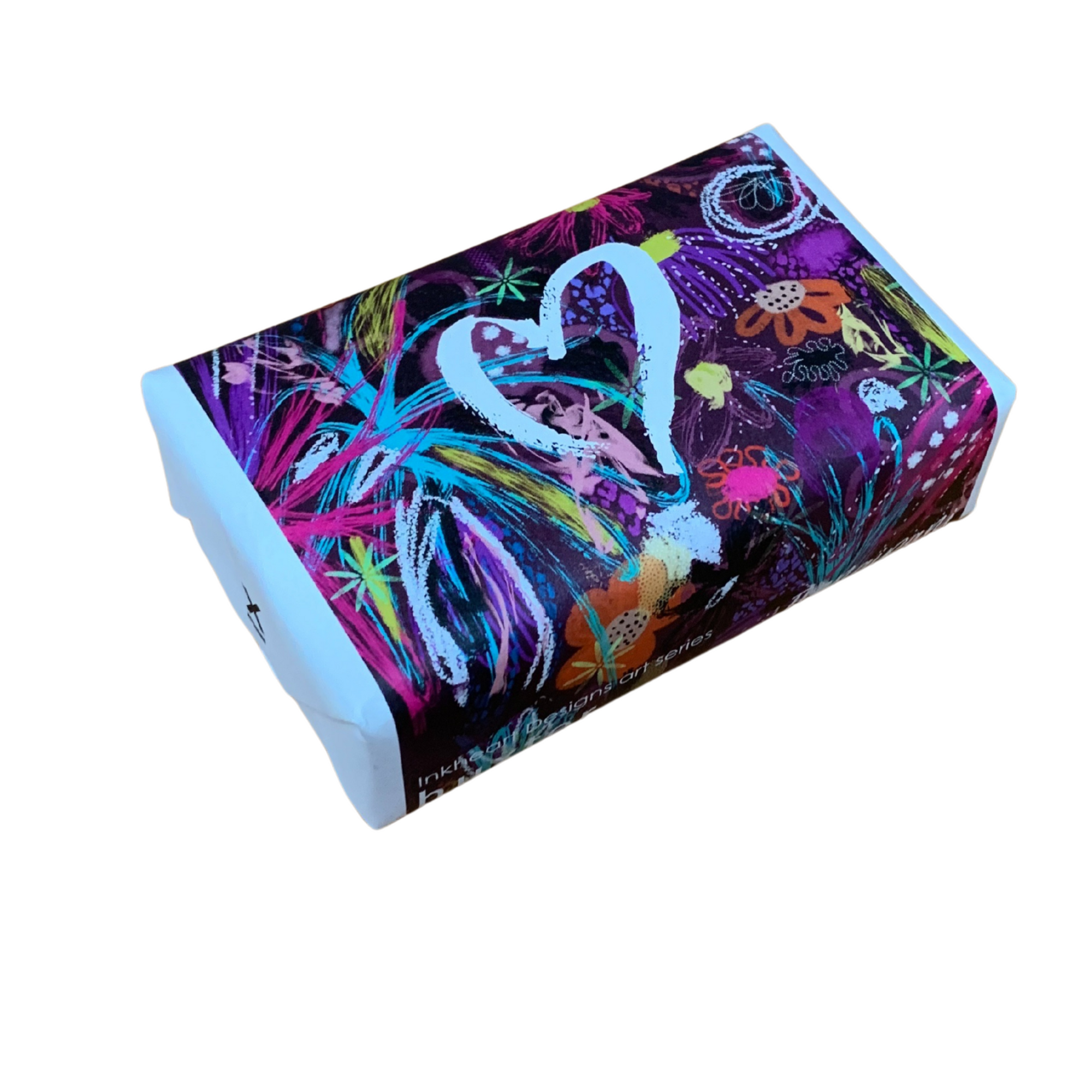 Huxter Elesa White Heart Soap. Colorful rectangular box with abstract design on a white background