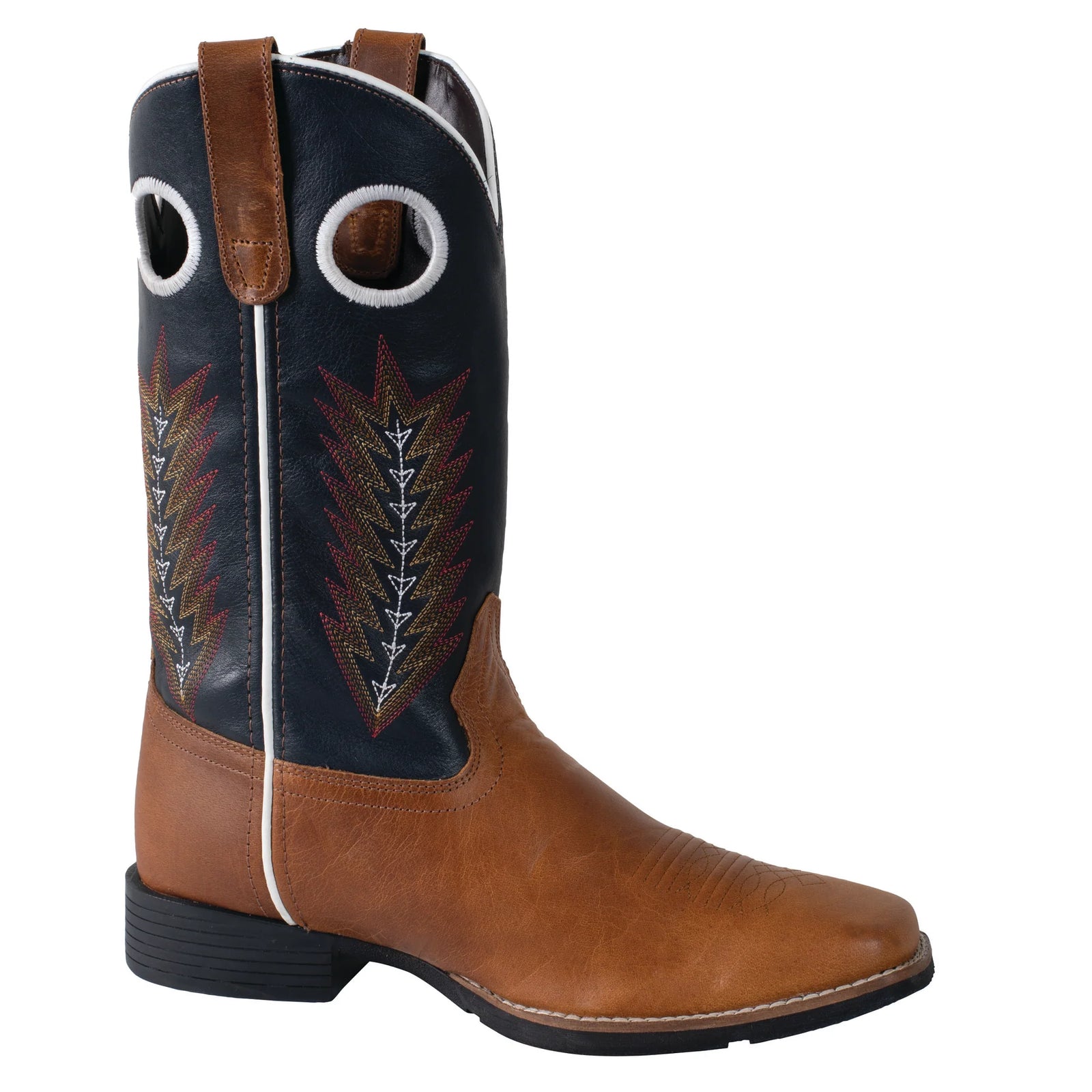 Roper Men's James Western Boot. A men's Roper Western boot with brown leather, traditional stitching, and a decorative pull hole design.