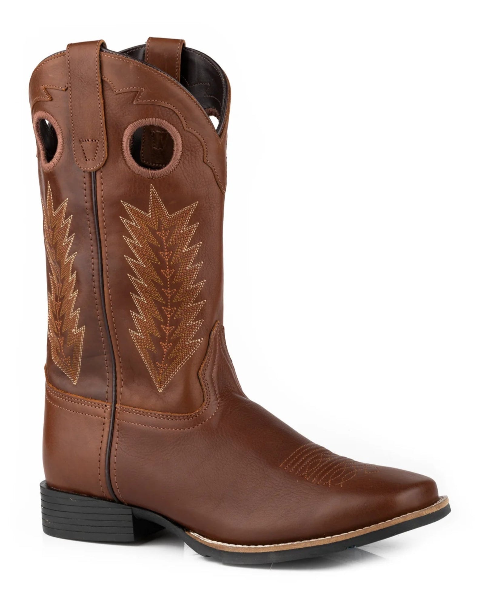 Roper Men's James Western Boot. Brown cowboy boot with intricate design on a white background