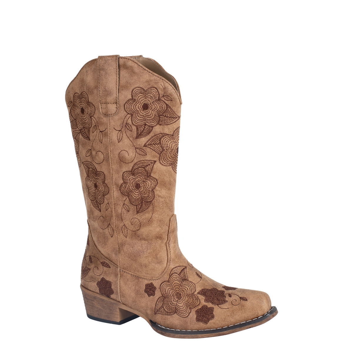 Tan cowboy boot with floral embroidery on a white background