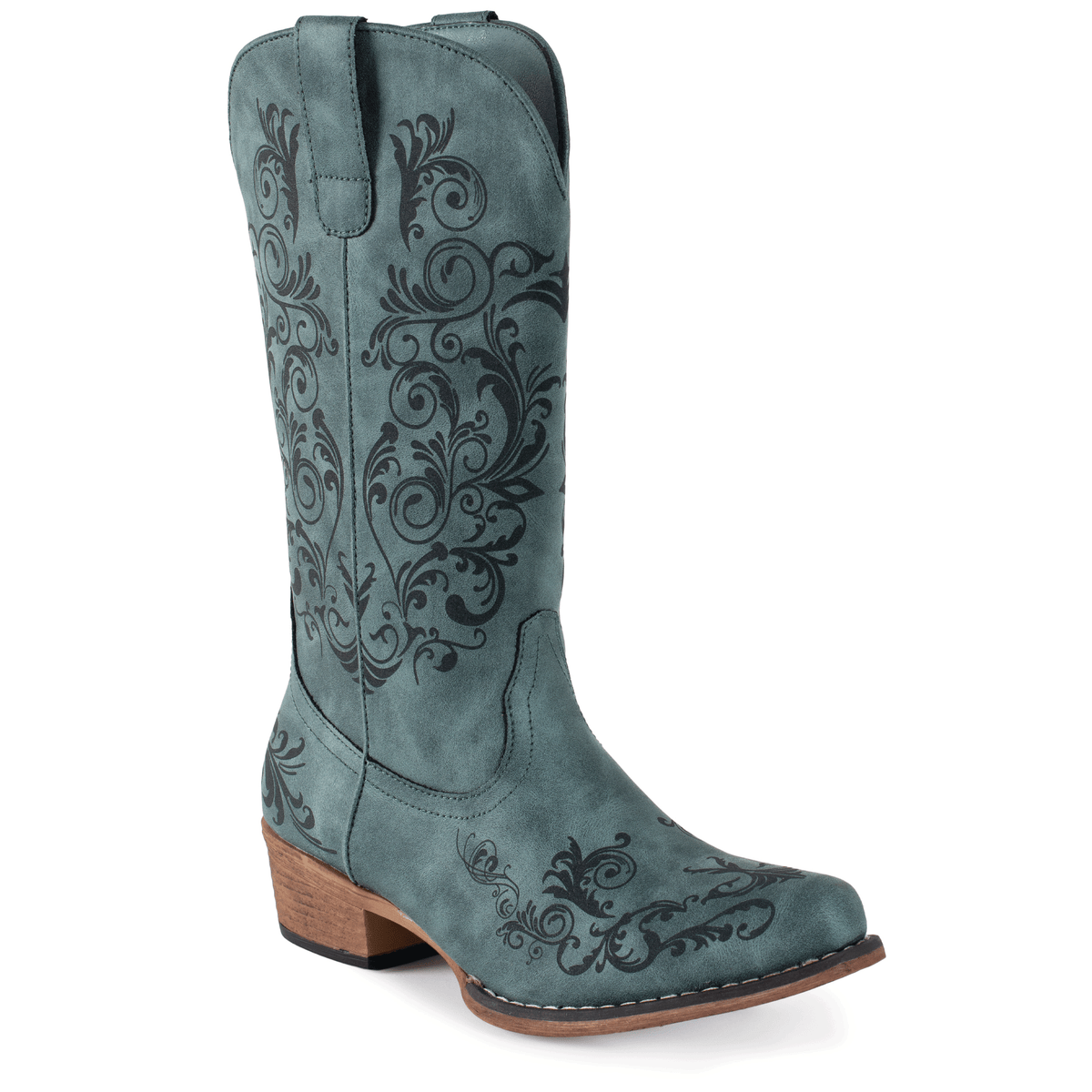 Teal cowboy boot with intricate black embroidery on a white background