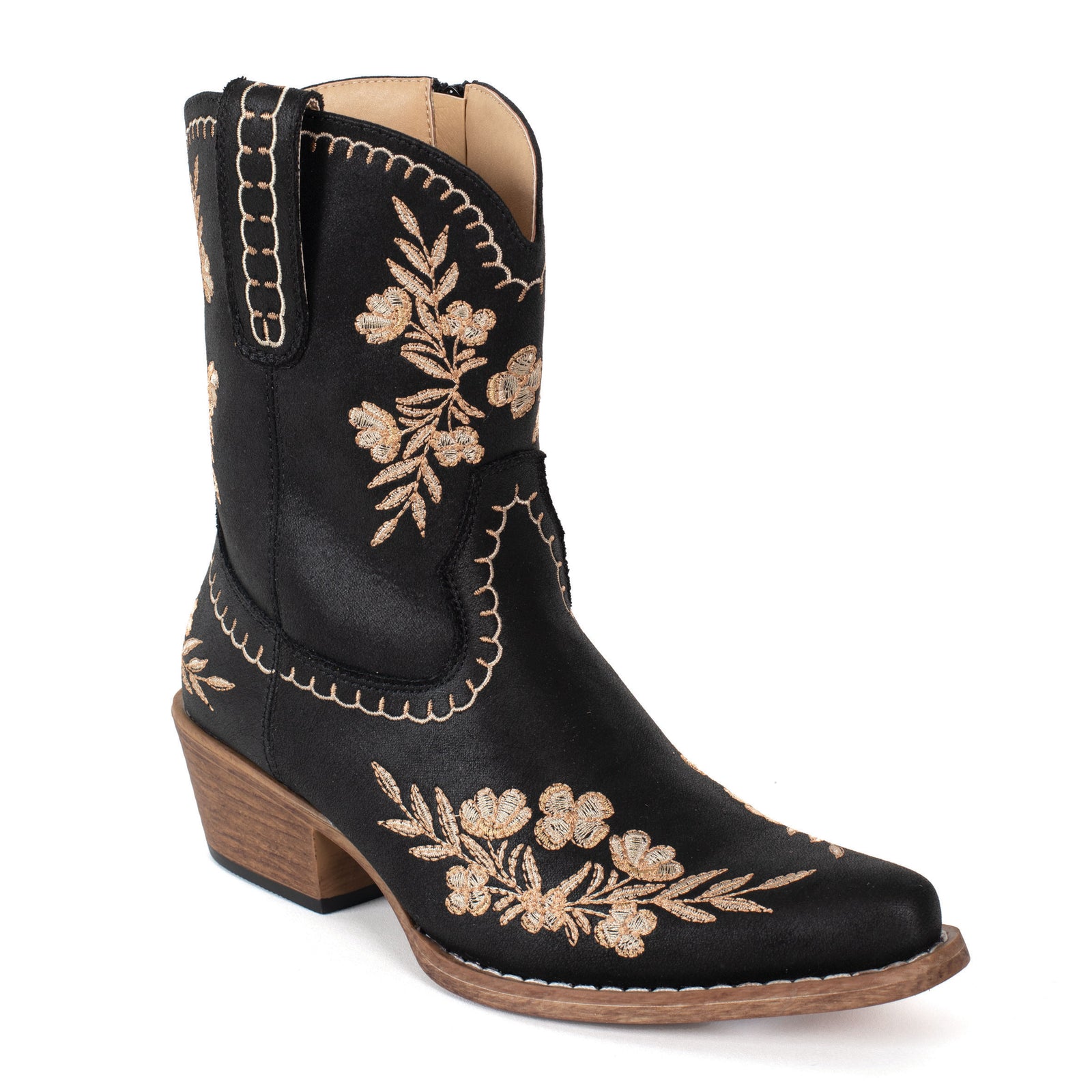 Black cowboy boot with floral embroidery on a white background