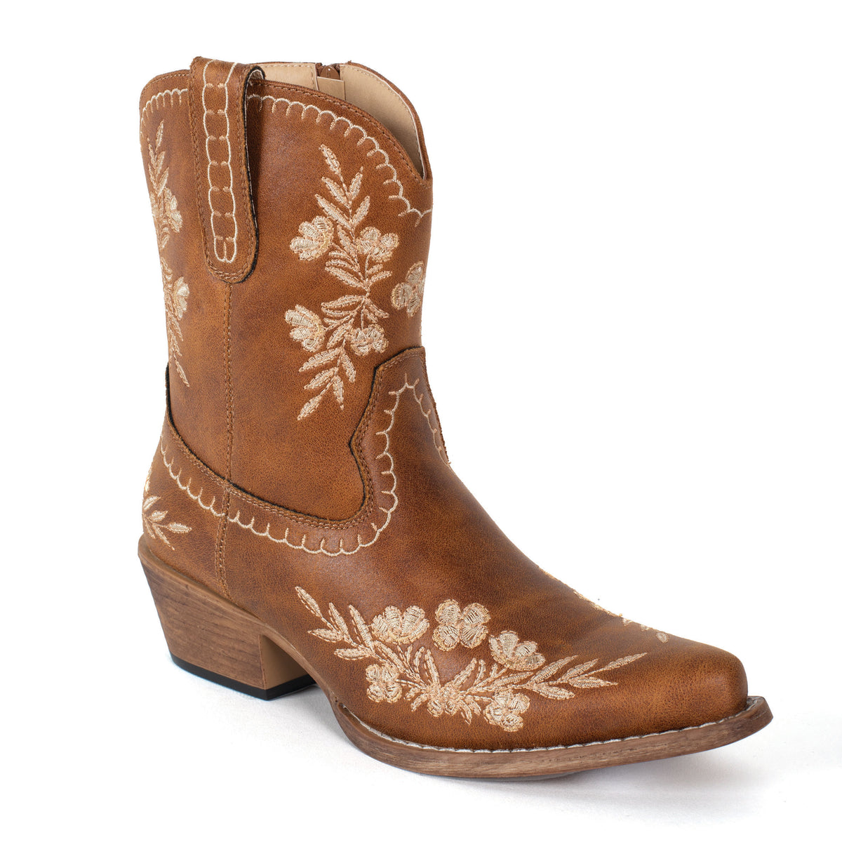 Brown cowboy boot with floral embroidery on a white background