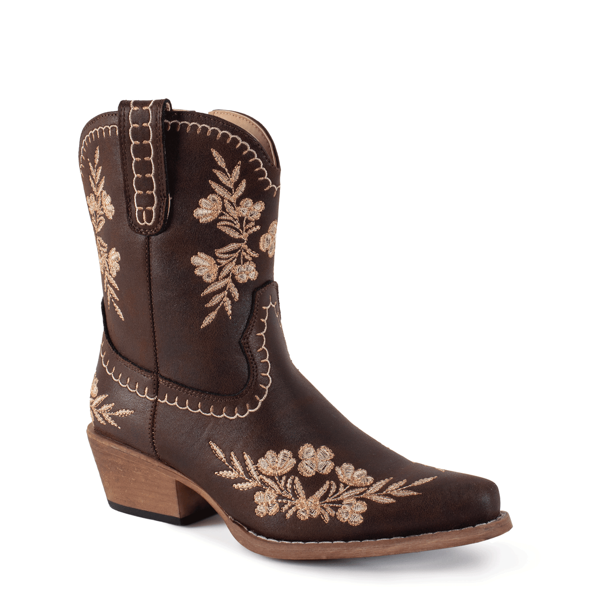 Brown cowboy boot with floral embroidery on a white background