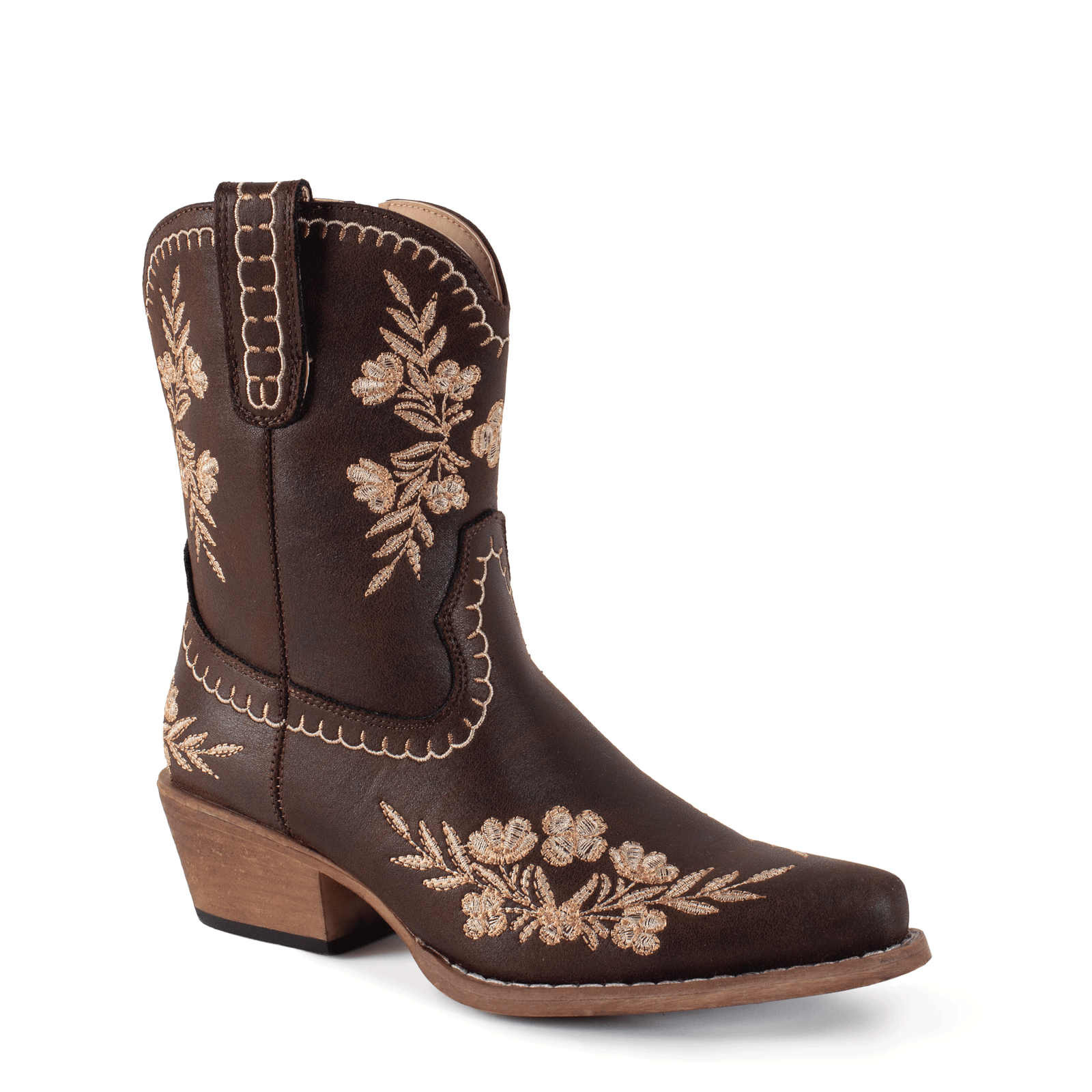 Brown cowboy boot with floral embroidery on a white background