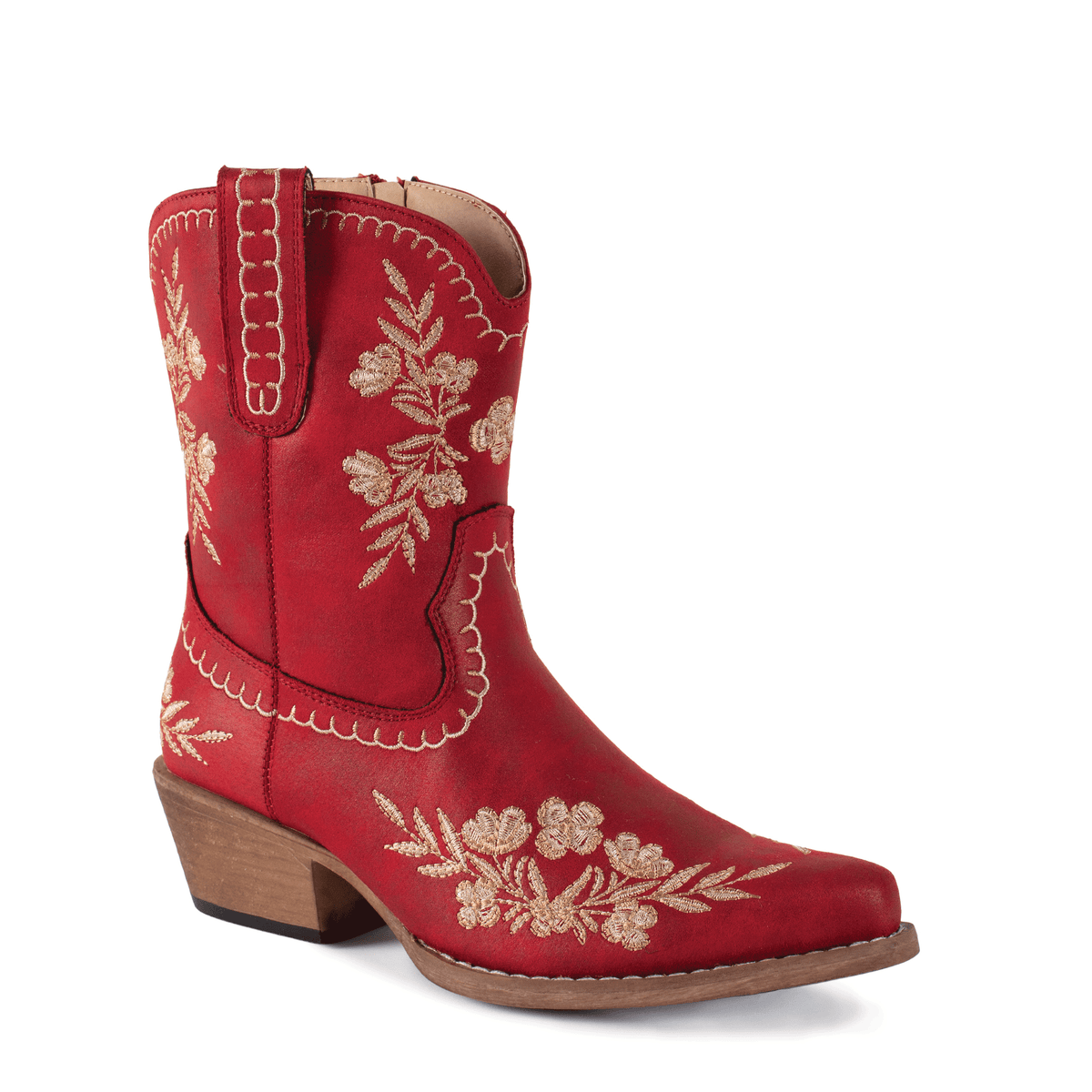 Red cowboy boot with floral embroidery on a white background