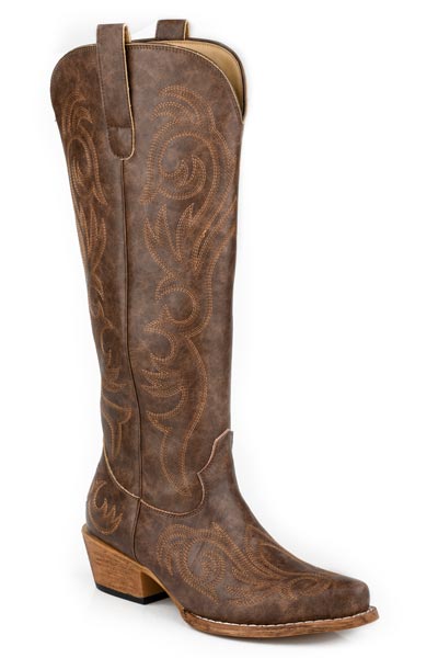 Roper Women's Ryder Western Boot. Brown cowboy boot with intricate patterns on a white background