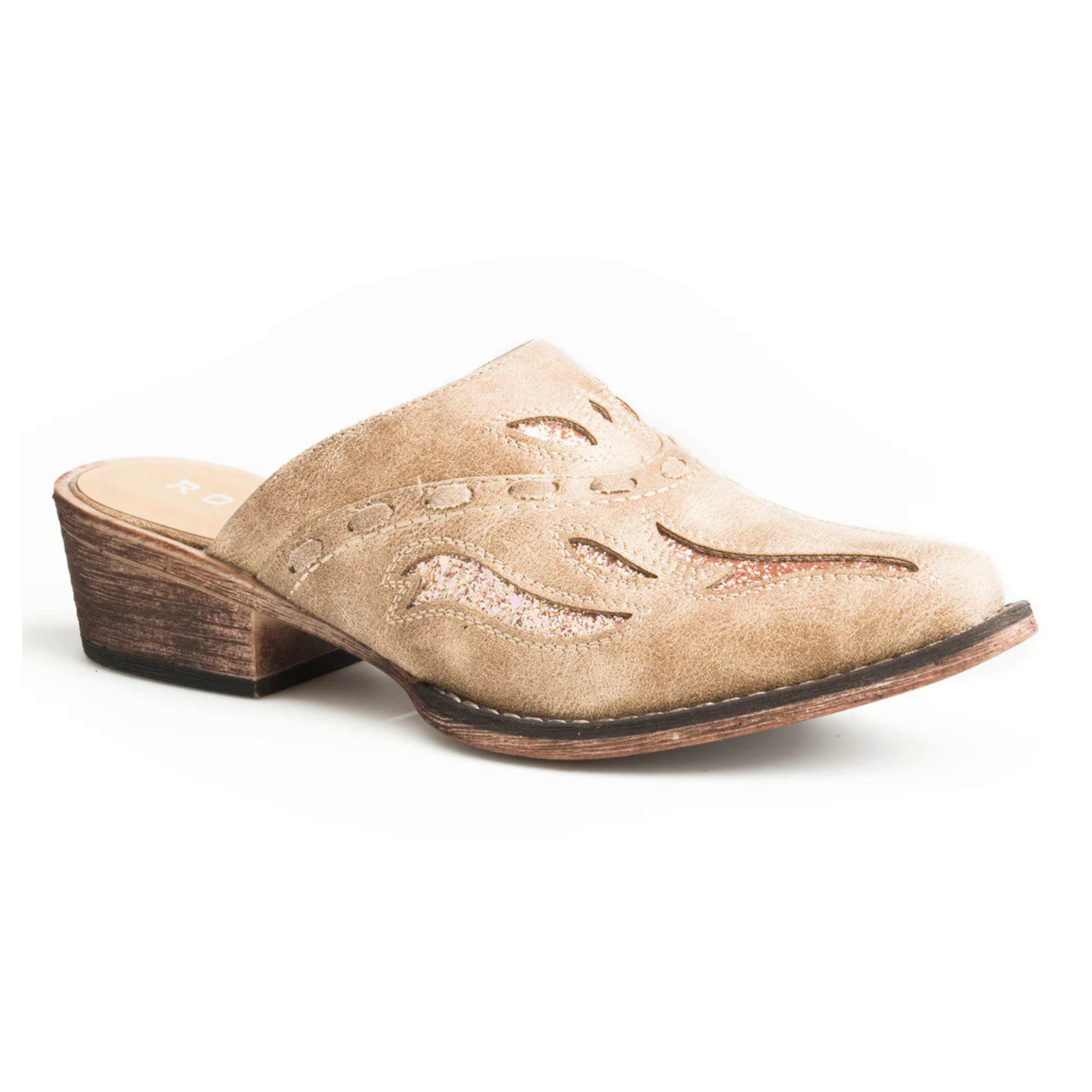 Roper Women's Beth Snip Toe Mule. Beige slip-on shoe with cut-out design on a white background