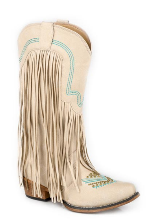 Roper Women's Dolly Western Boot. Beige cowboy boot with fringes and turquoise embroidery on a white background