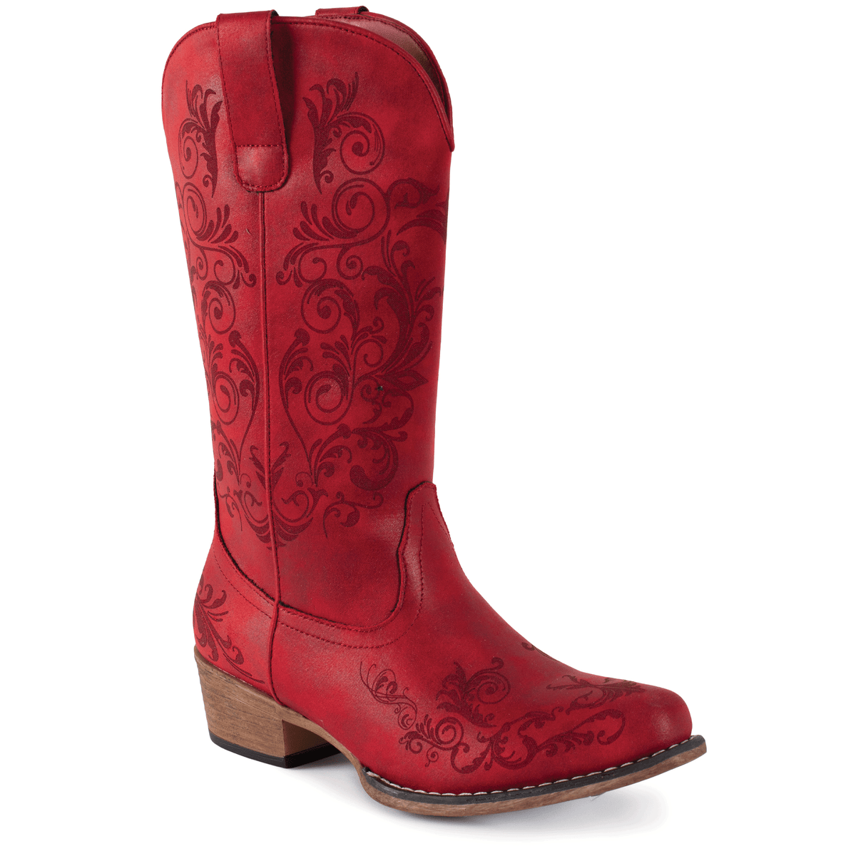 Red cowboy boot with intricate designs on a white background