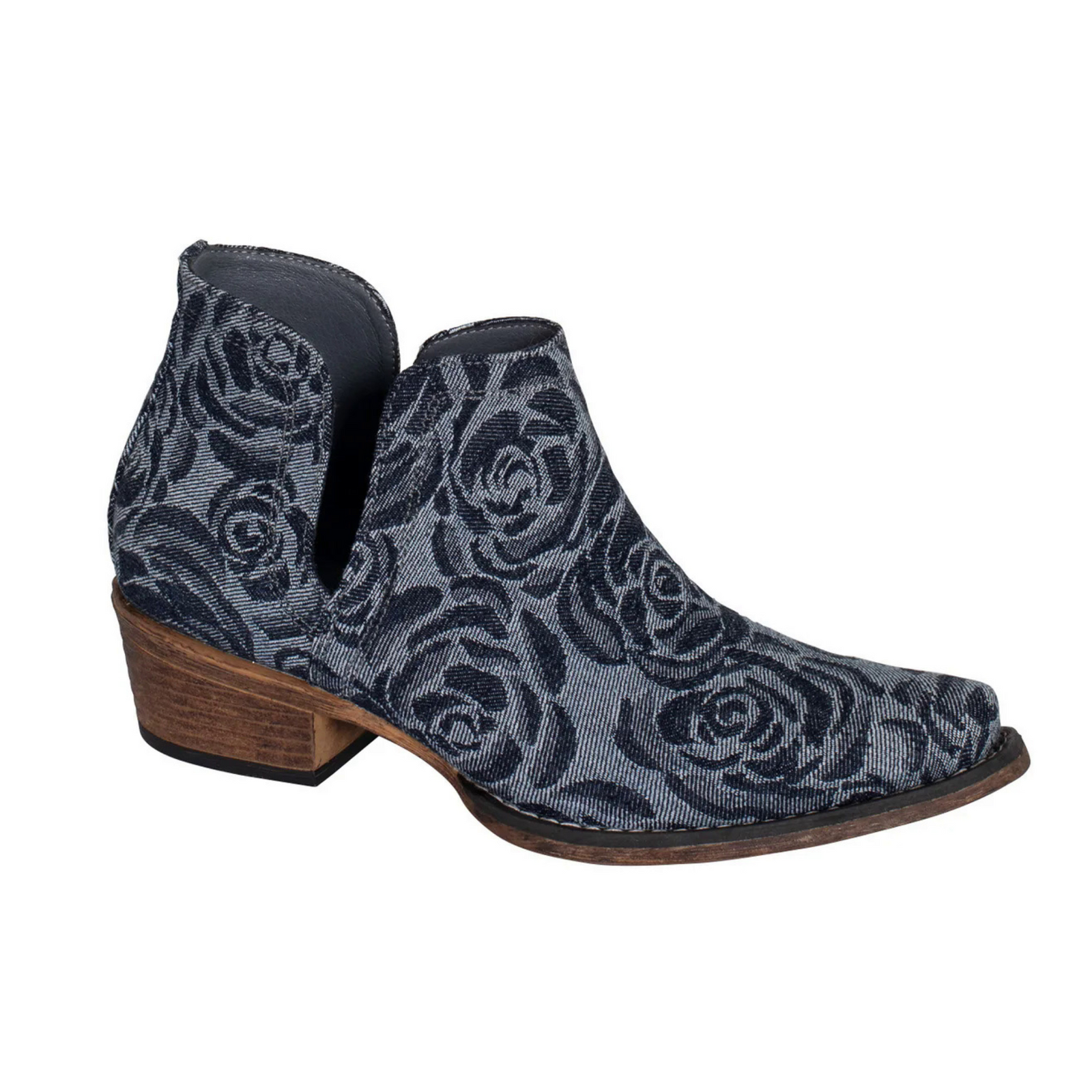 Roper Women's Ava Western Boot. Blue floral-patterned ankle boot with brown sole on a white background