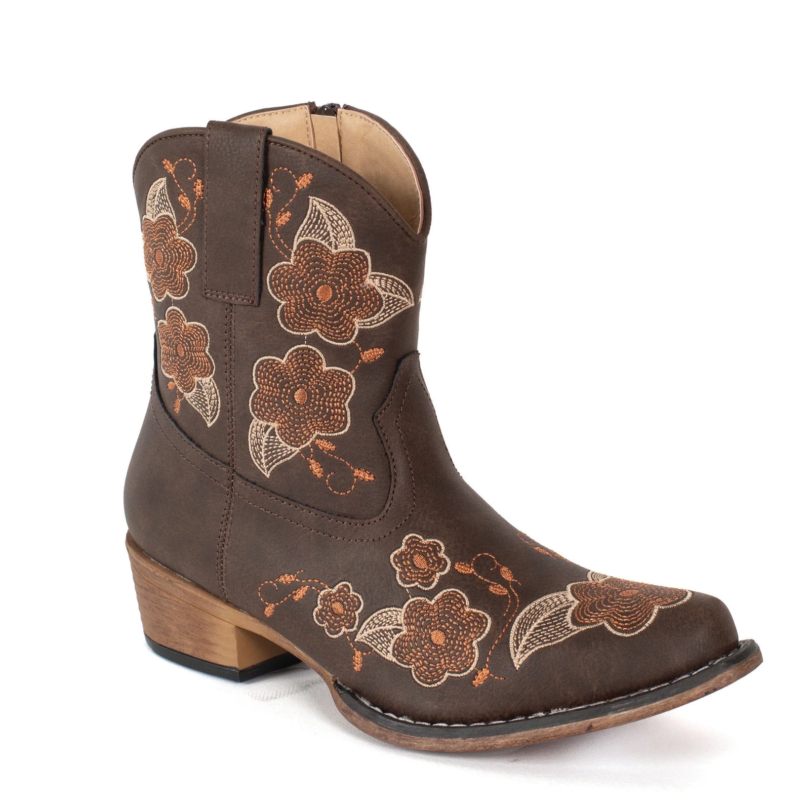 Brown cowboy boot with floral embroidery on a white background