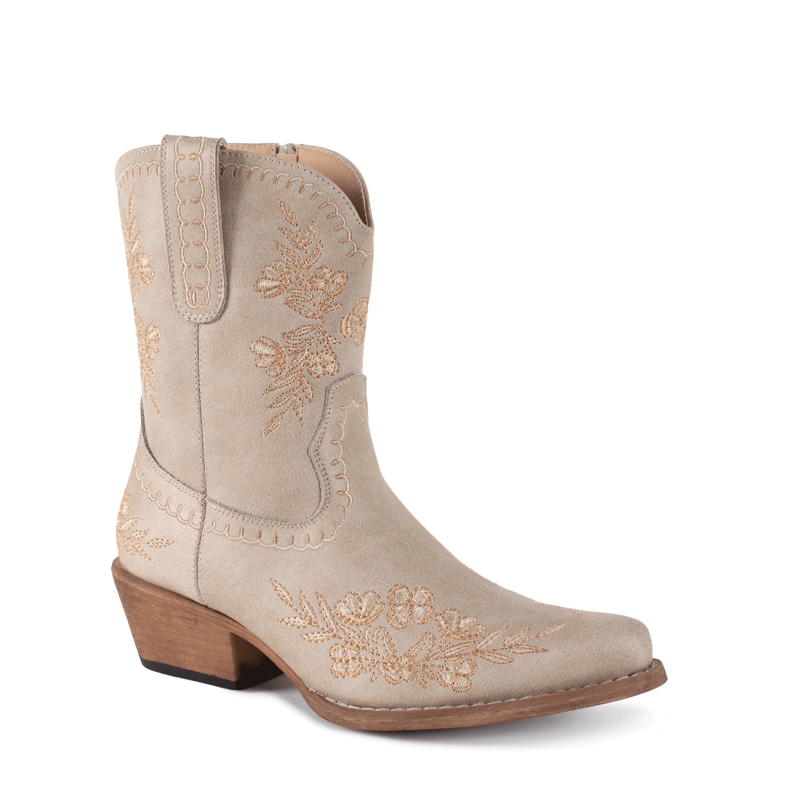 A light beige suede western boot with tan floral embroidery and a brown stacked heel, shown against a plain white background.
