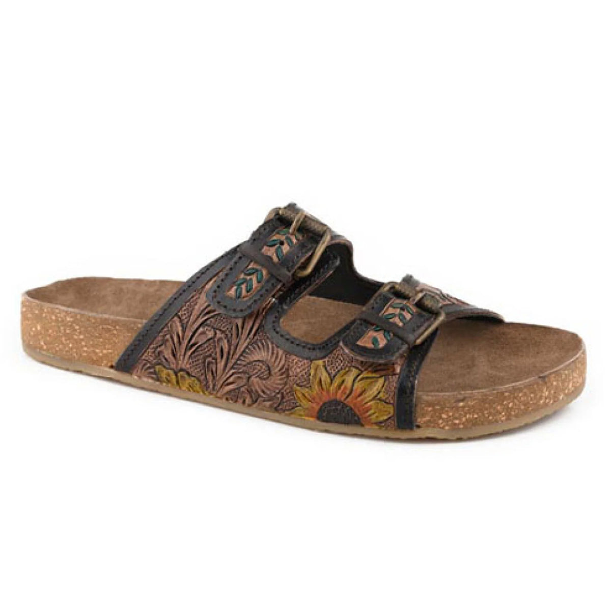 Roper Women&#39;s Desiree Western Sandal. Brown sandal with floral patterns on a white background
