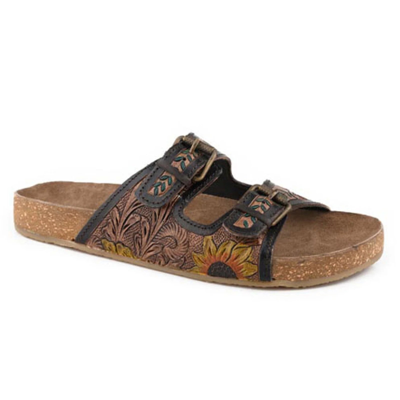 Roper Women's Desiree Western Sandal. Brown sandal with floral patterns on a white background