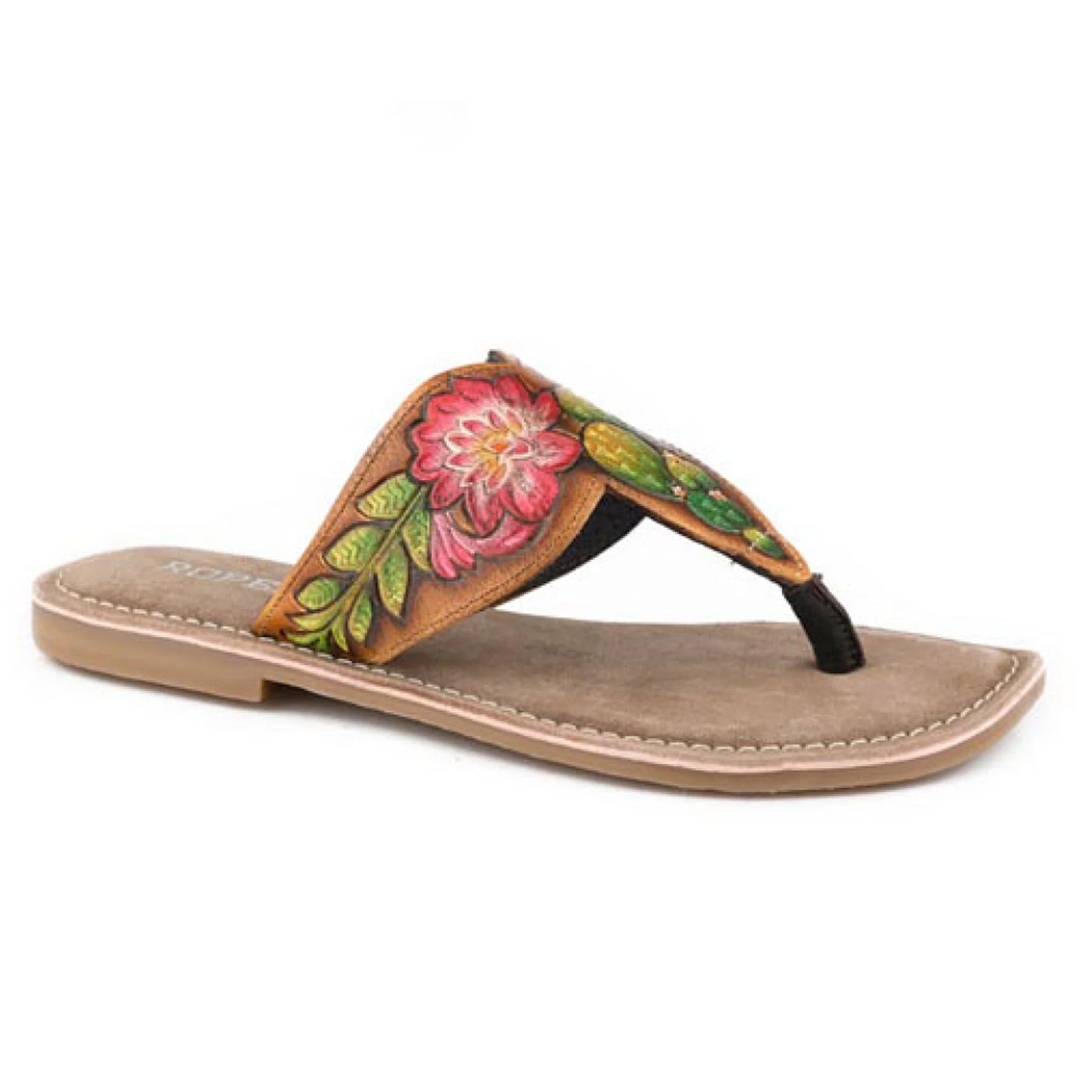 Roper Women's Juliet Western Sandal. Floral sandal with brown leather sole on a white background