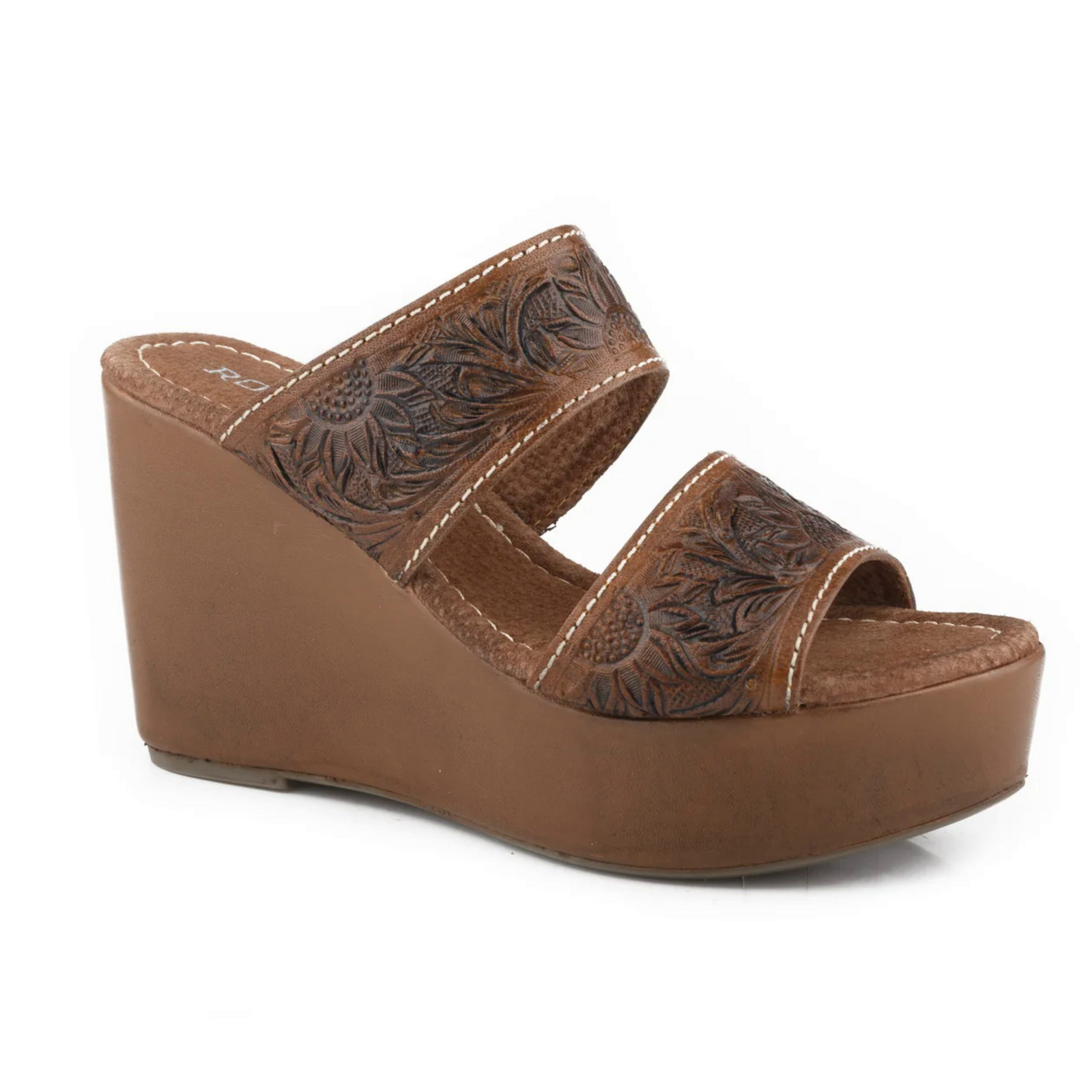 Roper Women's Diva II Western Shoe. Brown wedge sandal with floral embossing on a white background