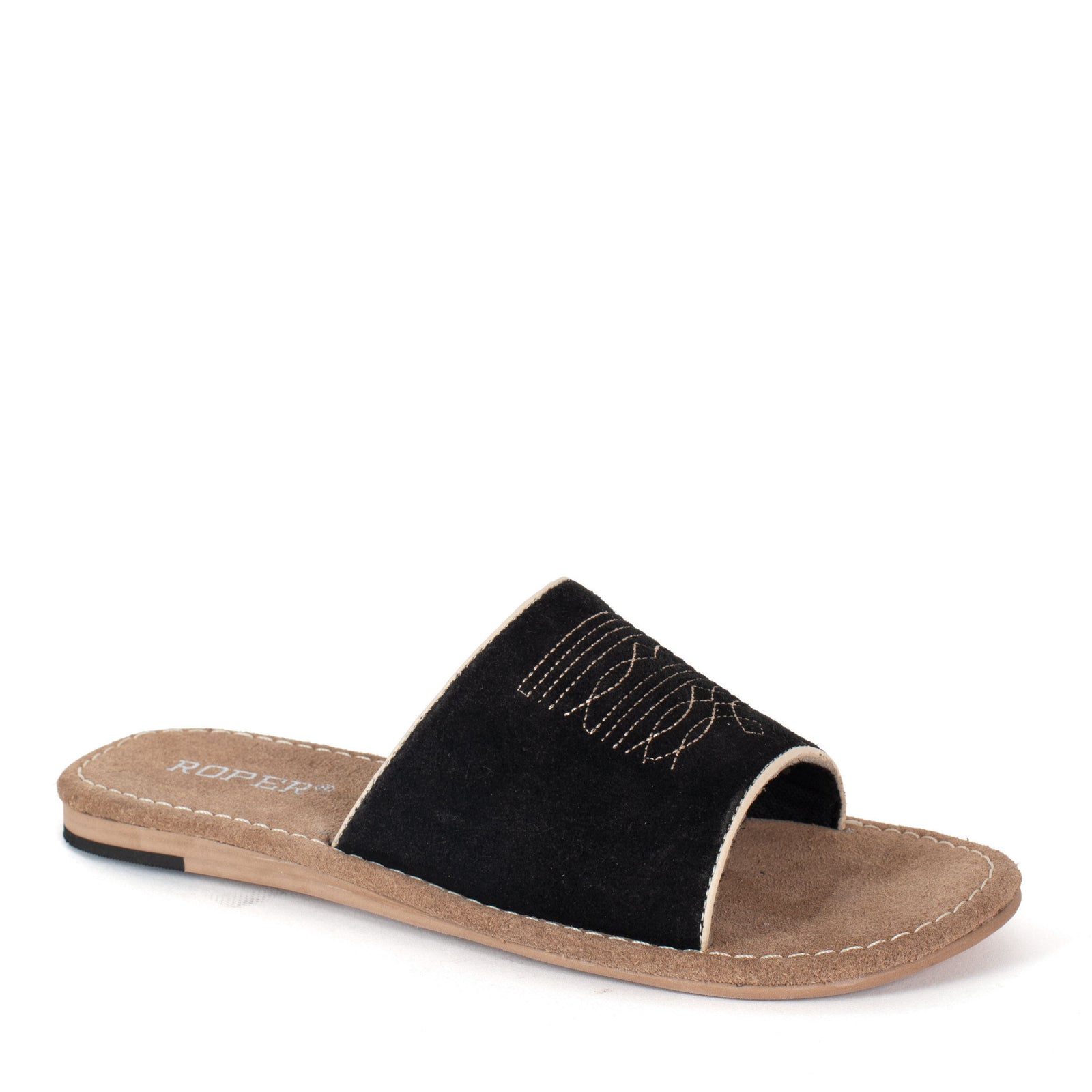 Black sandal with brown sole on a white background