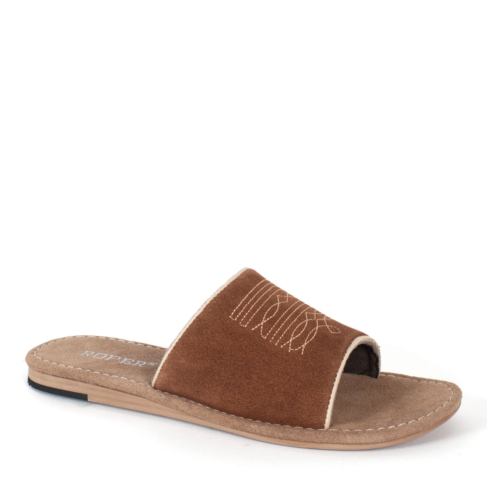Brown sandal with a subtle design on a white background