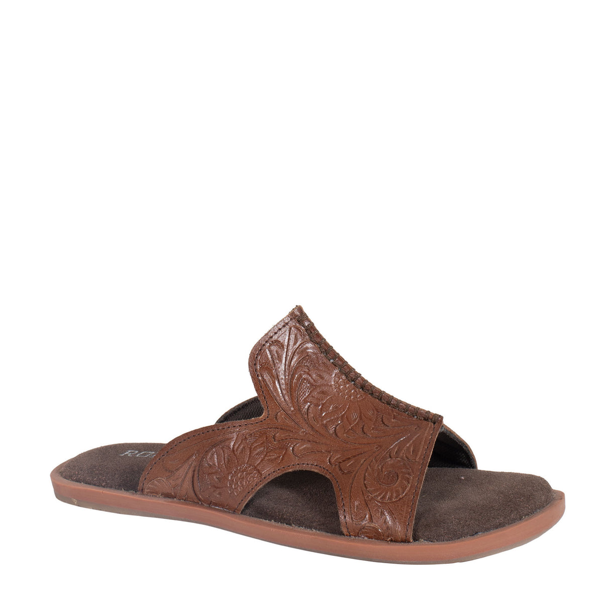 Brown sandal with floral embossing on a white background