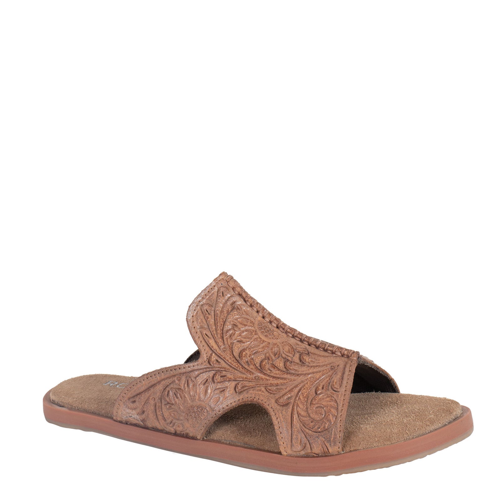Brown sandal with intricate design on a white background