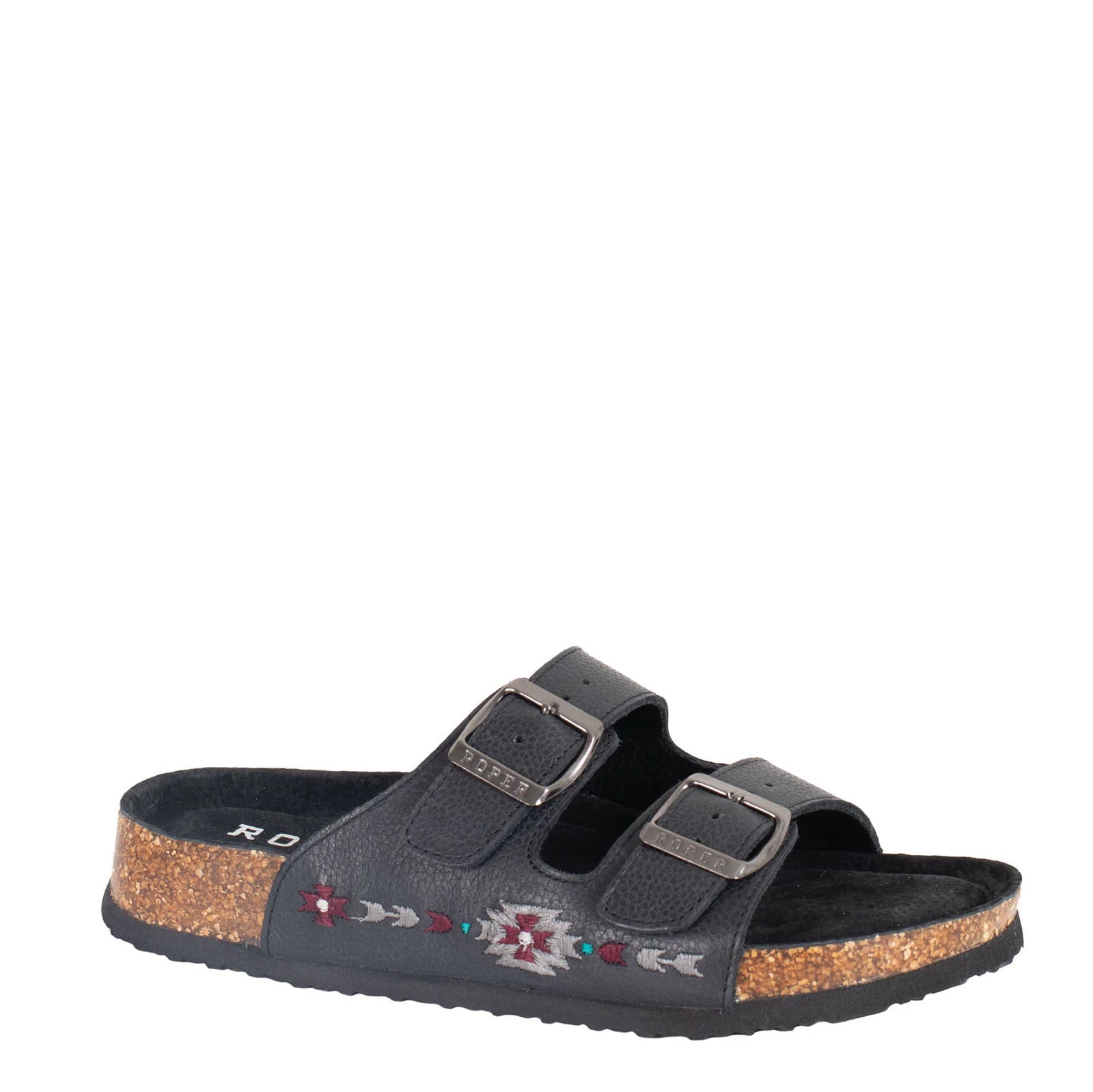 Black sandal with cork sole and decorative pattern on a white background