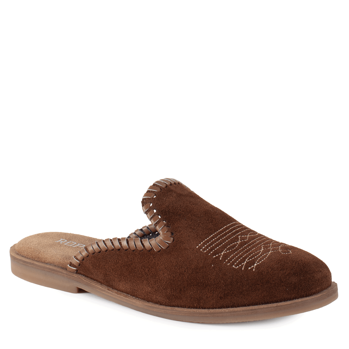 Brown slipper with decorative strap on a white background