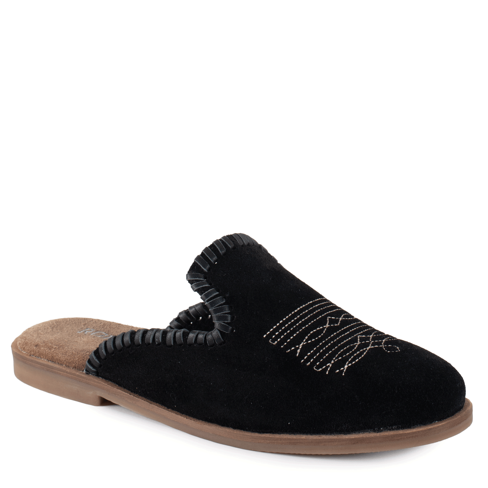 Black slipper with brown sole on a white background