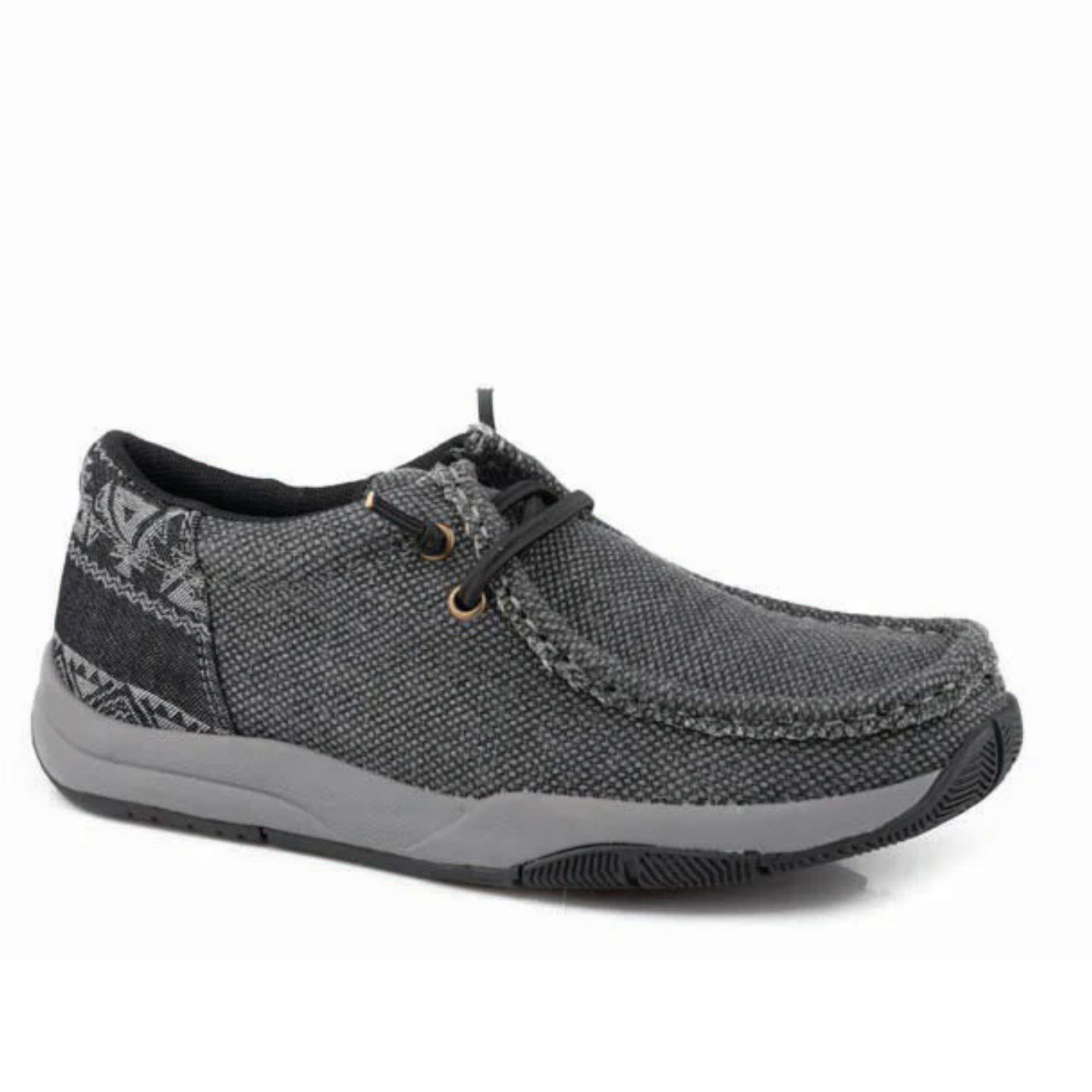 Roper Women's Clearcut Low Aztec Shoe. A women's Roper Aztec shoe with a low heel and lace-up closure, primarily black with grey patterns and a black rubber bottom.