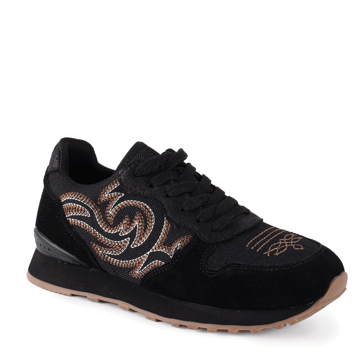 Black sneaker with brown tribal design on a white background